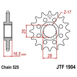 Piñón con goma JT 1904 de acero con 16 dientes