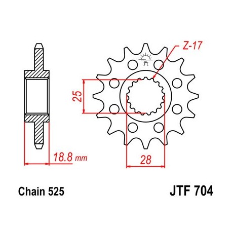 Piñón con goma JT 704 de acero con 17 dientes