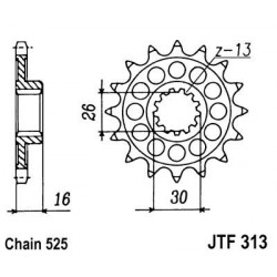 Piñon JT 313 de acero con 16 dientes