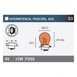 Lampara 6V15W P26S AMBAR