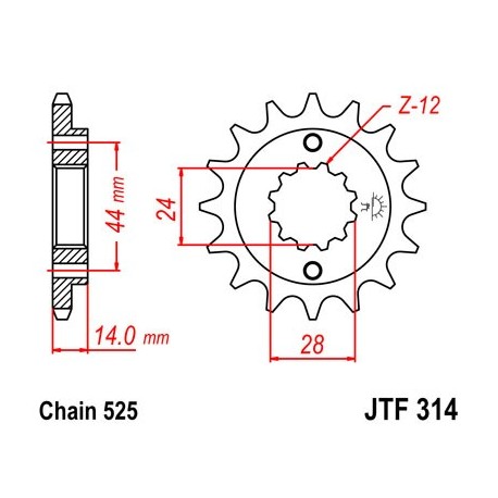 Piñón con goma JT 314 de acero con 16 dientes